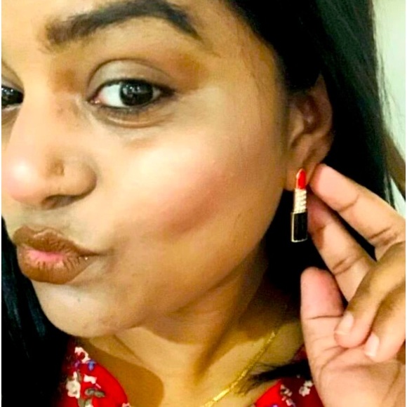 Ooh-La-LaLipstick💄💎Fun Rhinestone Pavé Earrings Red Black & Gold - Picture 6 of 8